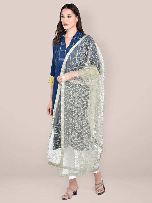 Women's Olive Green Embellished Net Dupatta freeshipping - Dupatta Bazaar