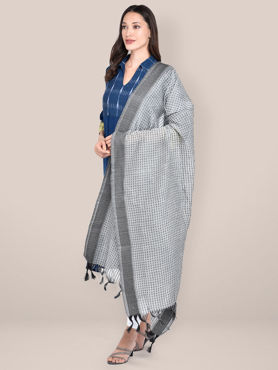 Woven Grey & Black Striped Cotton Chanderi Dupatta freeshipping - Dupatta Bazaar