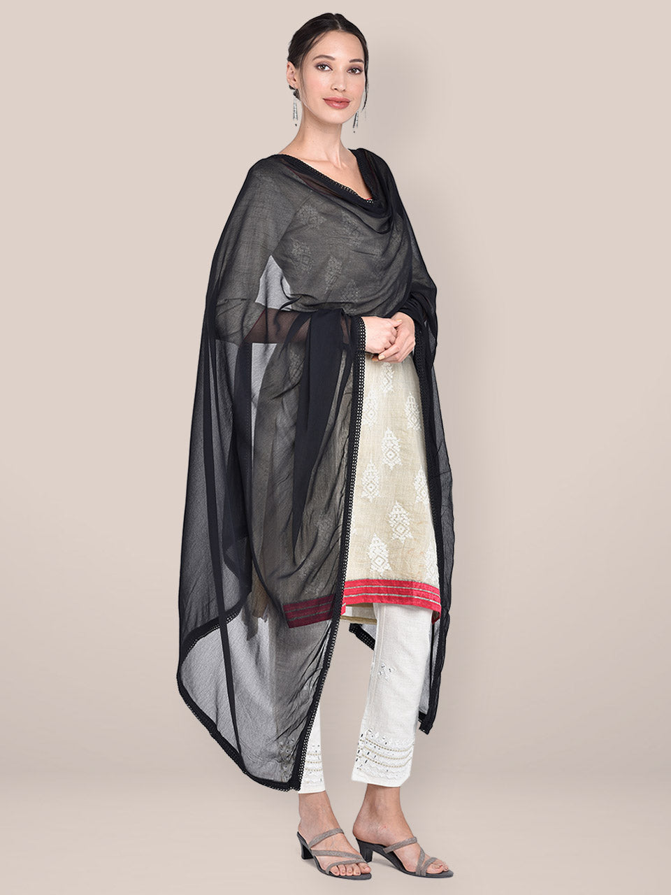 Black Pure Chiffon Dupatta with Lace freeshipping - Dupatta Bazaar