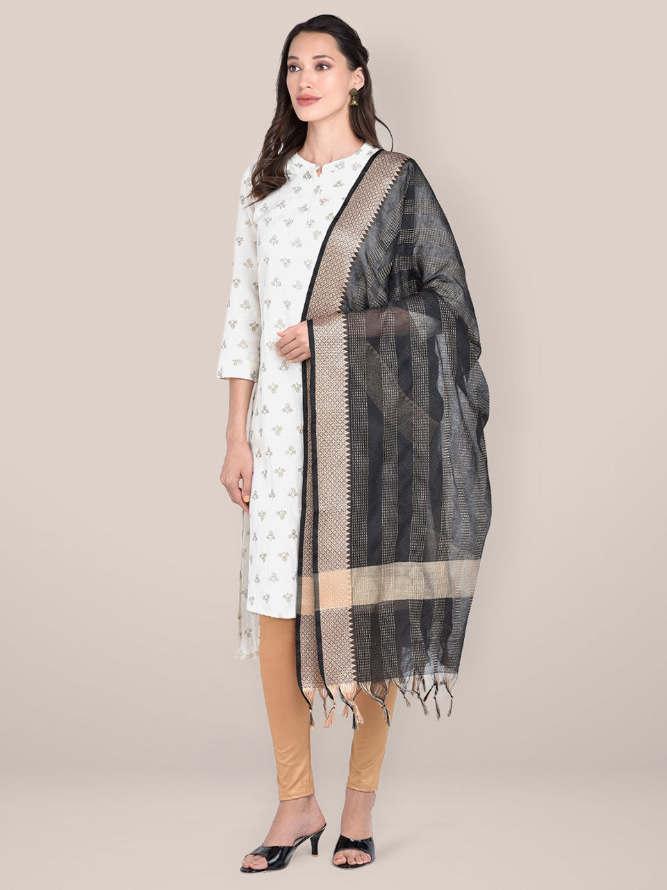 Woven Black & Beige Striped Cotton Chanderi Dupatta freeshipping - Dupatta Bazaar