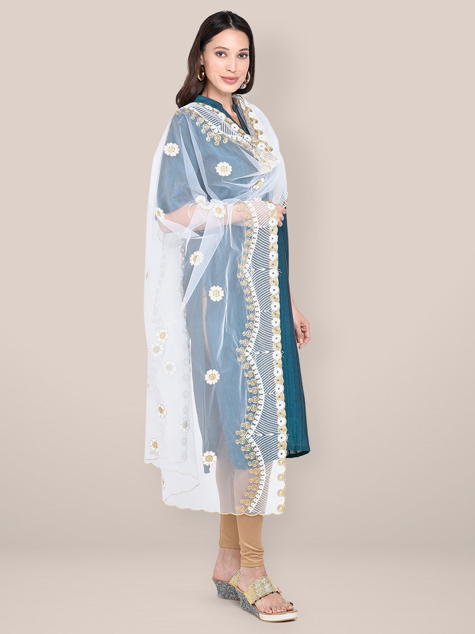 White & Gold Dupatta with Embroidery freeshipping - Dupatta Bazaar