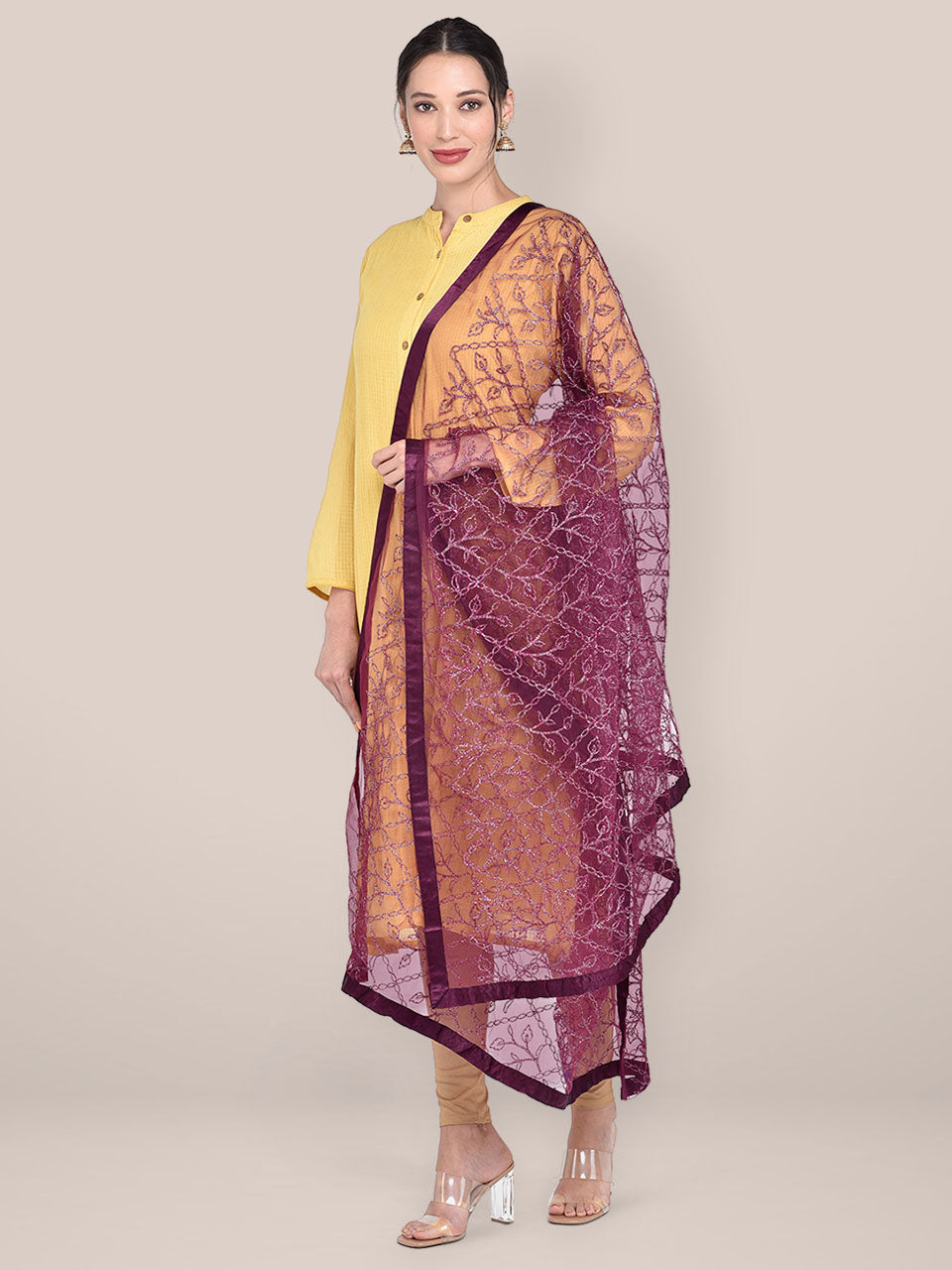 Women's Wine Embellished Net Dupatta freeshipping - Dupatta Bazaar