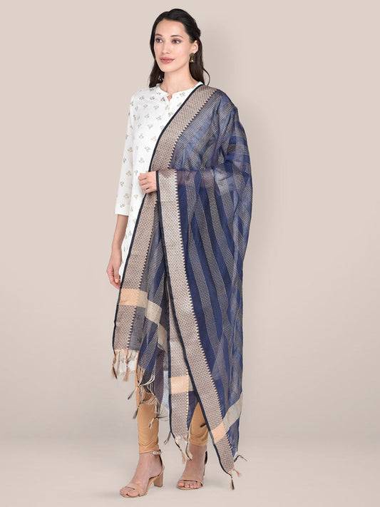 Woven Navy Blue & Beige Striped Cotton Chanderi Dupatta freeshipping - Dupatta Bazaar