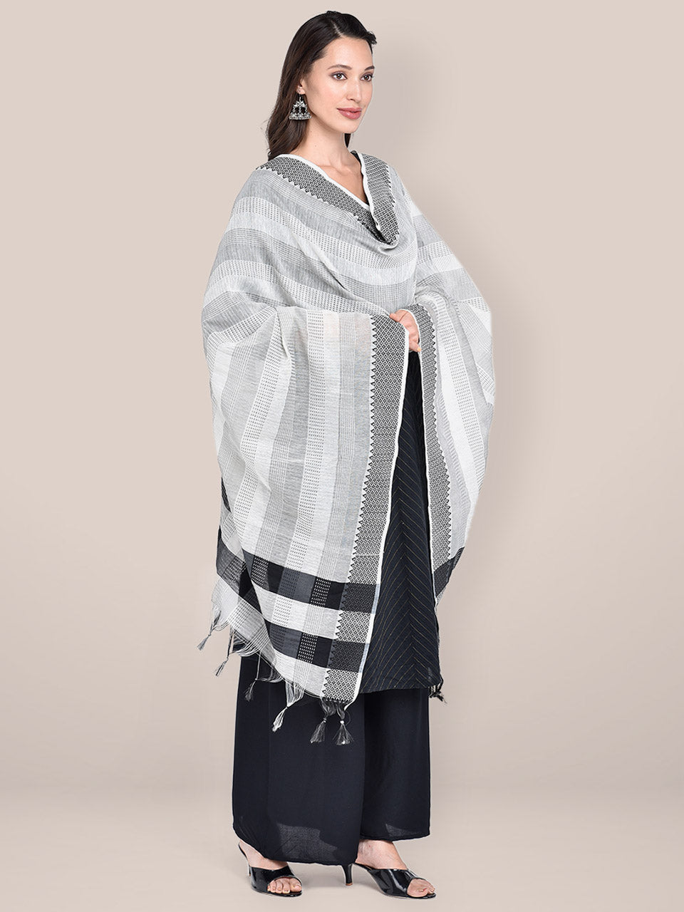 Women's Woven Off White, Black & Grey Cotton Chanderi Dupatta freeshipping - Dupatta Bazaar