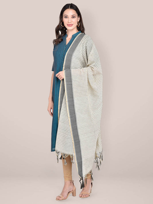 Woven Beige & Black Cotton Chanderi Dupatta freeshipping - Dupatta Bazaar