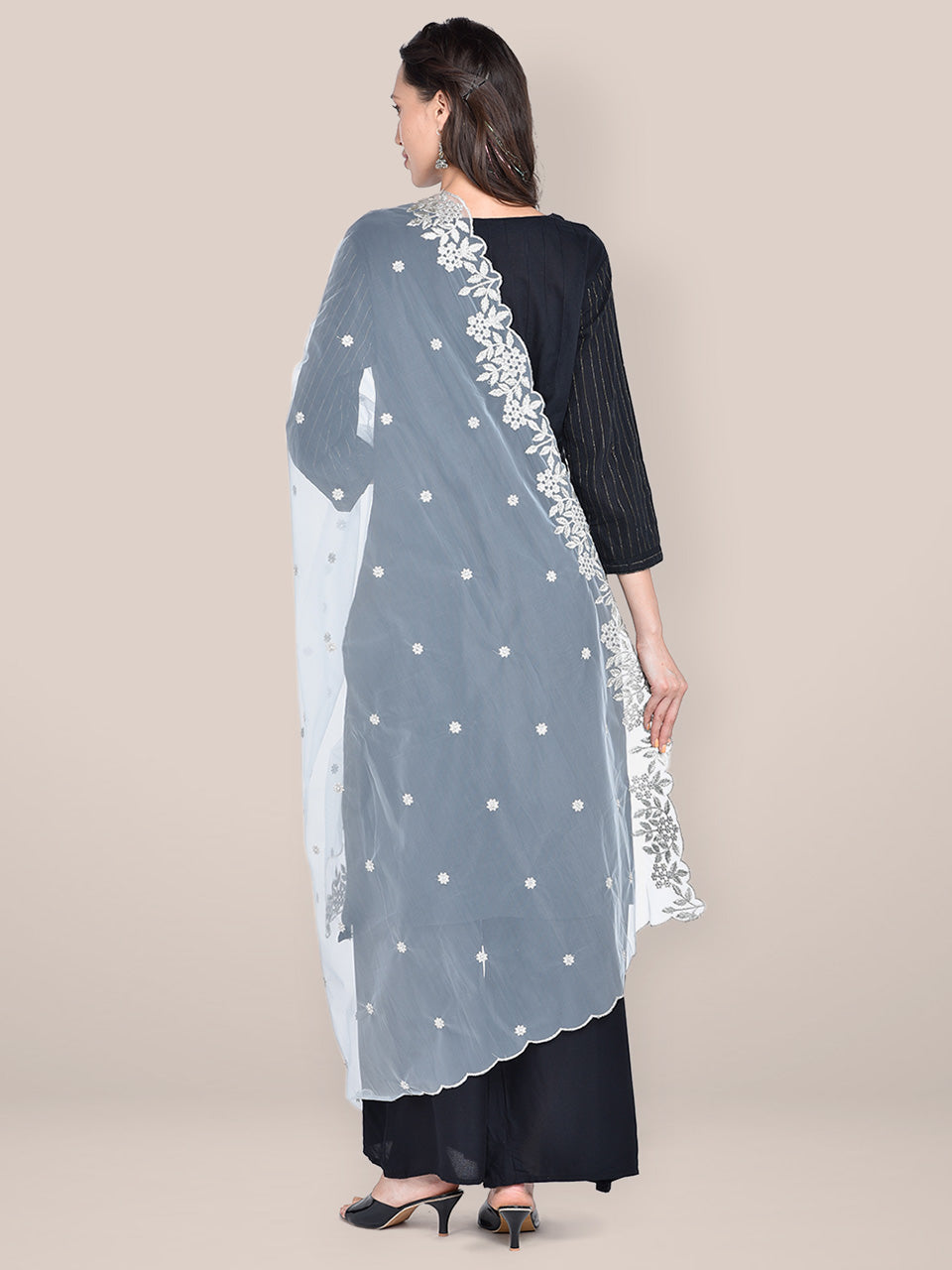 Silver Dupatta with Cutwork Embroidery freeshipping - Dupatta Bazaar