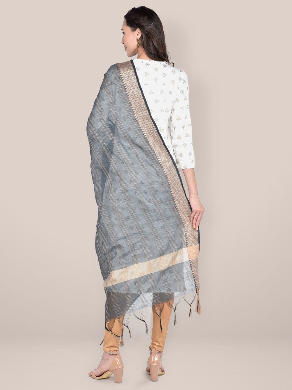 Woven Brown & Biege Striped Cotton Chanderi Dupatta freeshipping - Dupatta Bazaar