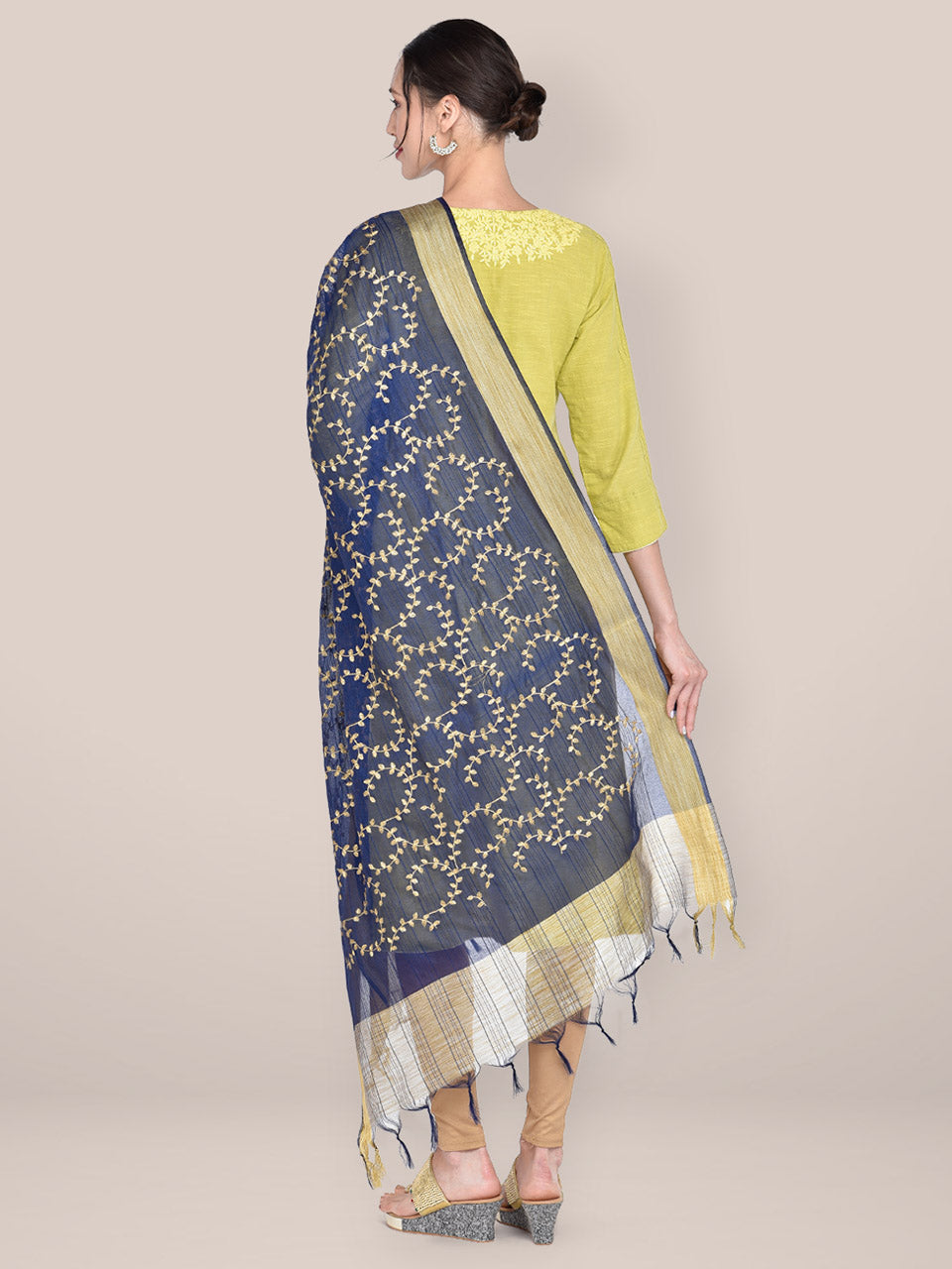 Navy Blue Embroidered Blended Silk Dupatta freeshipping - Dupatta Bazaar