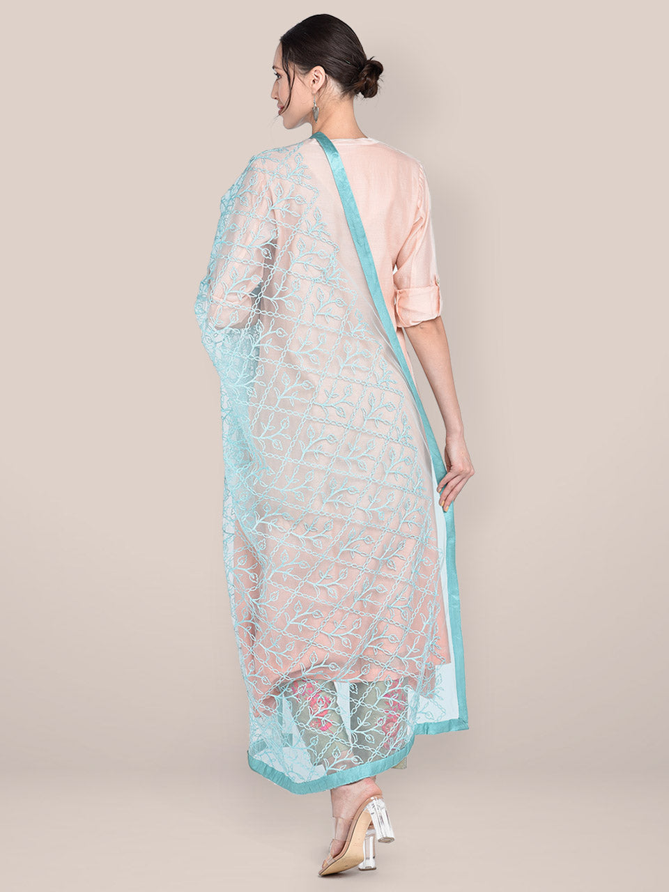 Women's Light Blue Embellished Net Dupatta freeshipping - Dupatta Bazaar