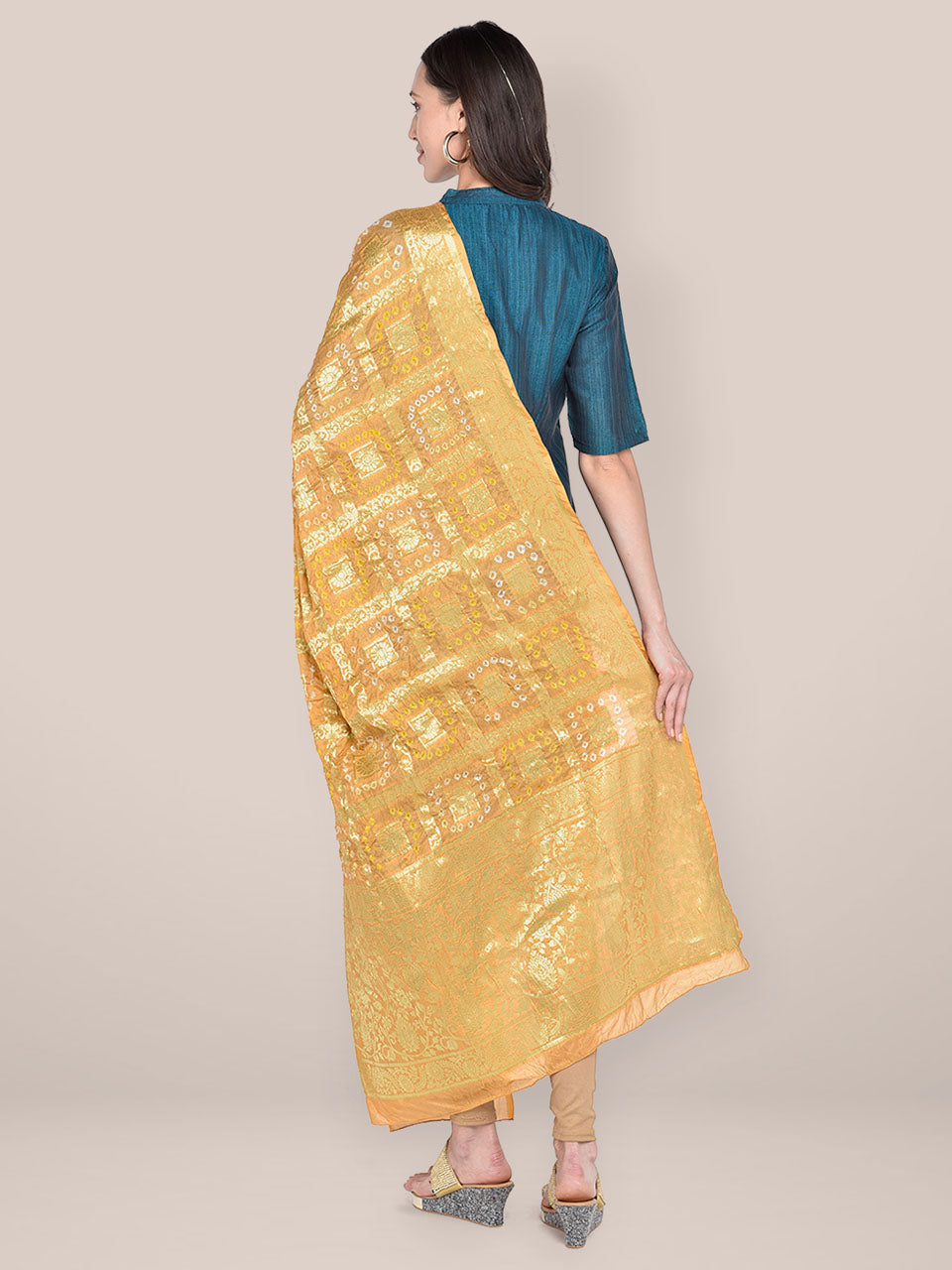 Beige Banarasi Bandhej Gharchola Silk Dupatta freeshipping - Dupatta Bazaar