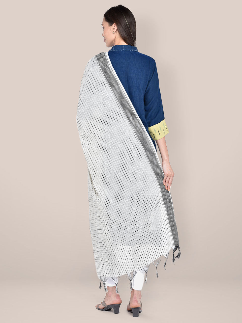 Woven White & Black Striped Cotton Chanderi Dupatta freeshipping - Dupatta Bazaar