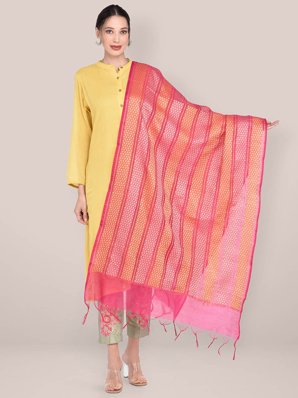 Woven Rani Pink & Yellow Striped Cotton Chanderi Dupatta. freeshipping - Dupatta Bazaar