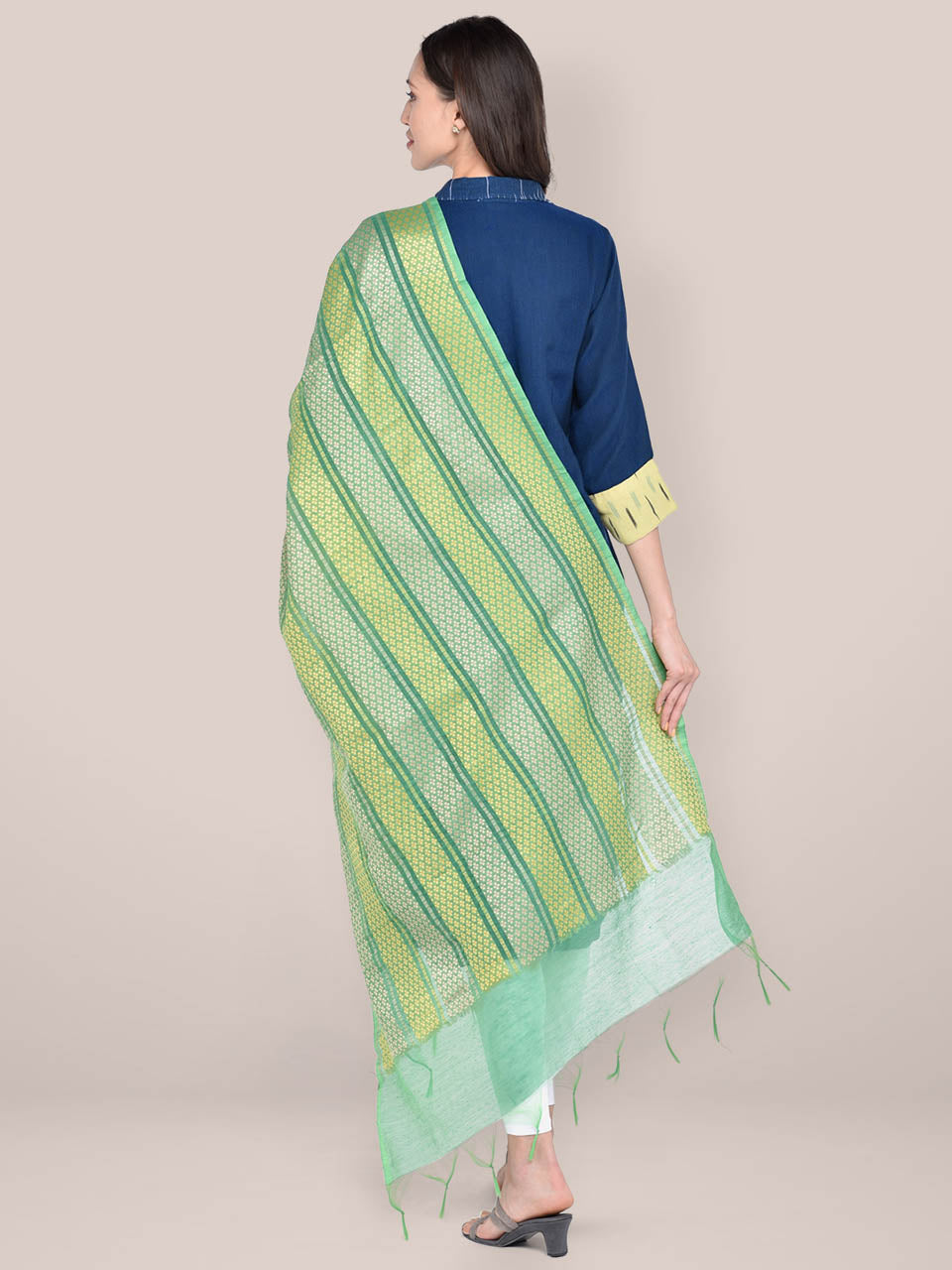 Woven Green & Yellow Striped Cotton Chanderi Dupatta. freeshipping - Dupatta Bazaar