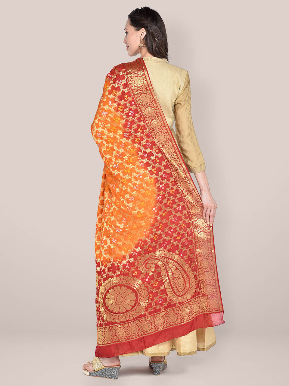 Red & Orange Banarasi Bandhej Gharchola Silk Dupatta freeshipping - Dupatta Bazaar