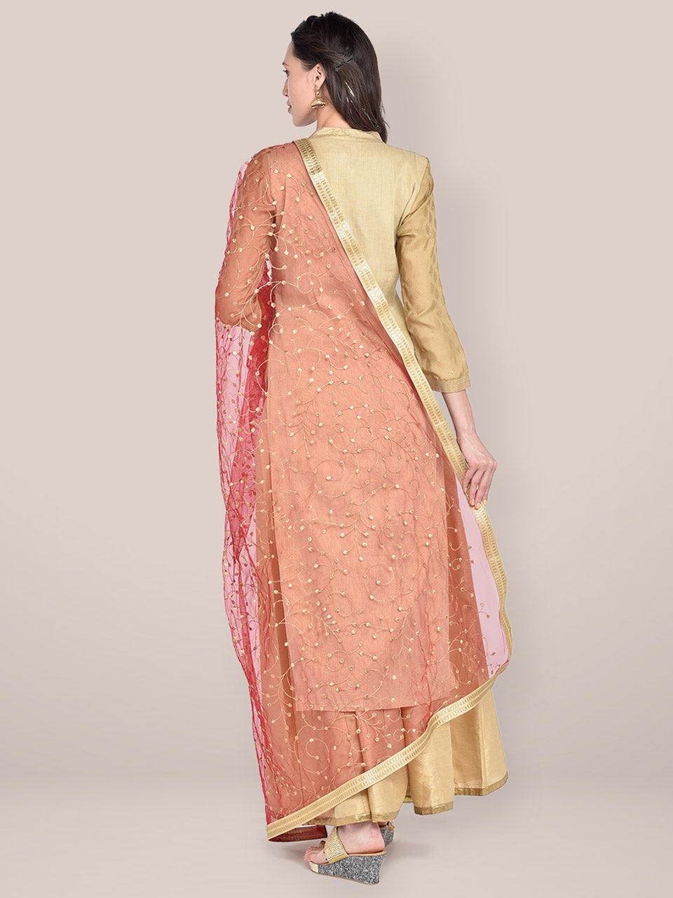 Maroon & Gold Embroidered Net Dupatta freeshipping - Dupatta Bazaar