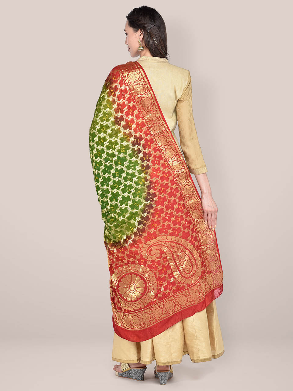 Red, Green Banarasi Bandhej Gharchola Silk Dupatta freeshipping - Dupatta Bazaar