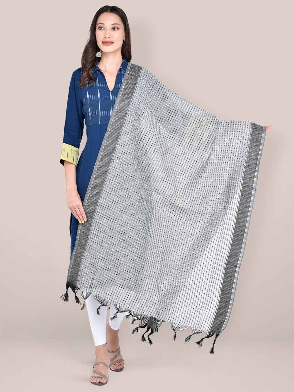 Woven Grey & Black Striped Cotton Chanderi Dupatta freeshipping - Dupatta Bazaar