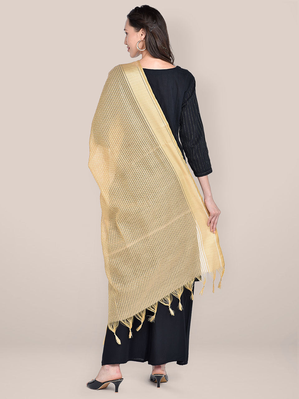 Woven Gold & White Striped Cotton Chanderi Dupatta freeshipping - Dupatta Bazaar