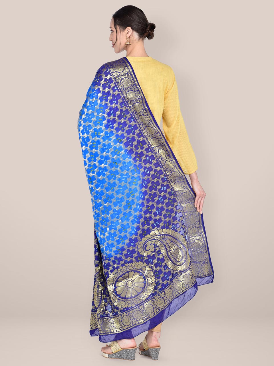 Shaded Blue Banarasi Bandhej Gharchola Silk Dupatta freeshipping - Dupatta Bazaar