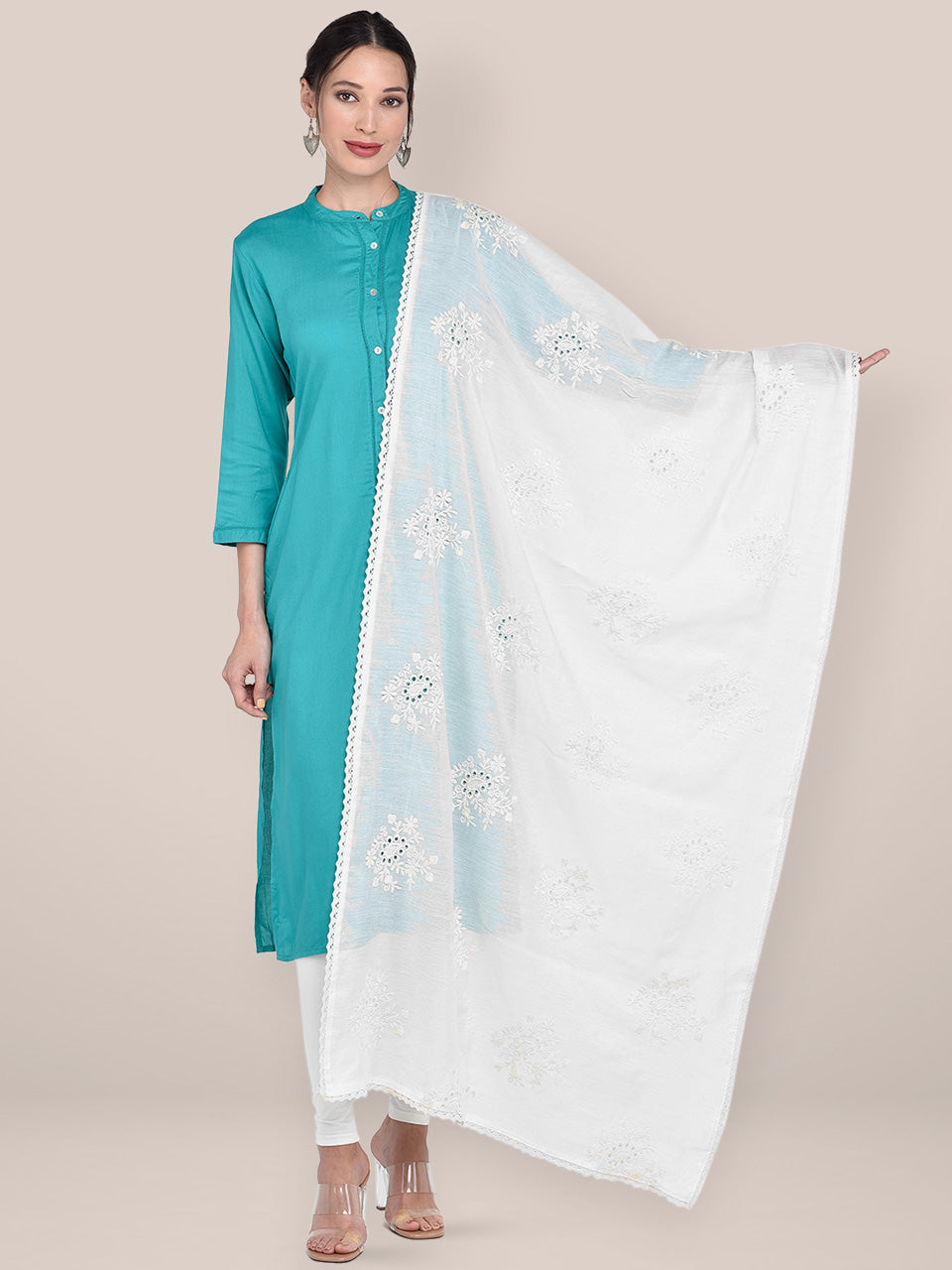 Off White Schiffili Embroidered Chanderi Silk Dupatta freeshipping - Dupatta Bazaar
