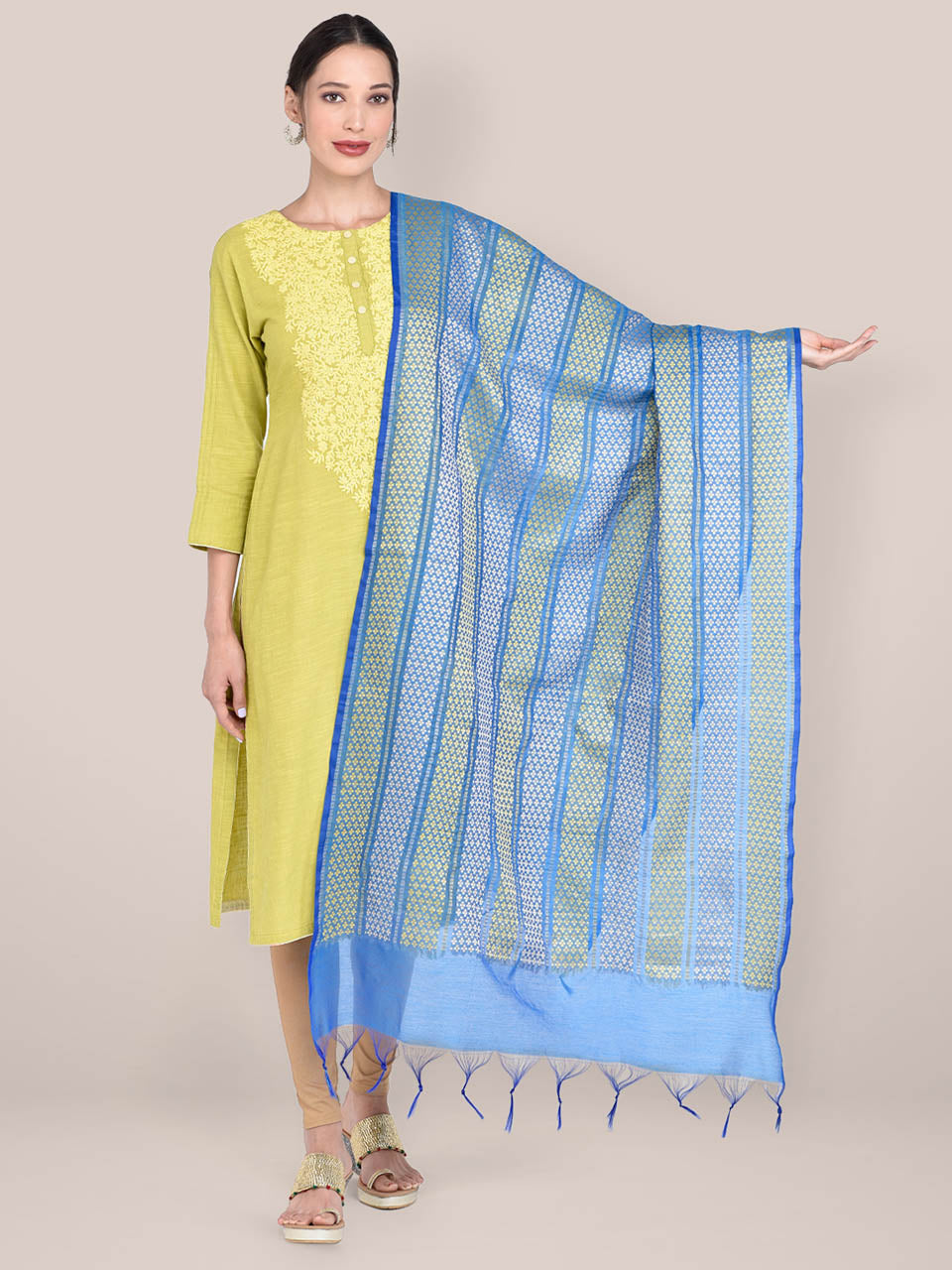 Woven Turquoise Blue & Yellow Striped Cotton Chanderi Dupatta. freeshipping - Dupatta Bazaar