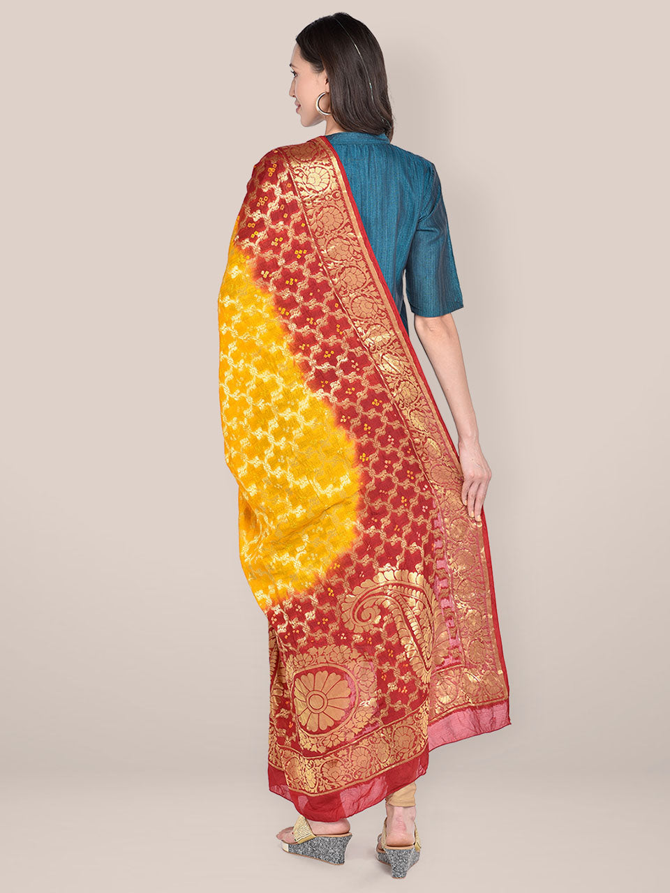 Red & Yellow Banarasi Bandhej Gharchola Silk Dupatta freeshipping - Dupatta Bazaar