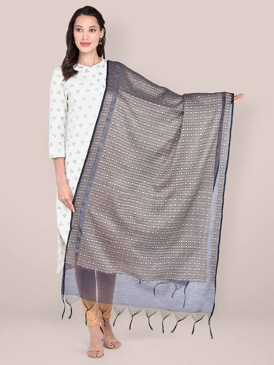 Woven Ink Blue & Beige Cotton Chanderi Dupatta freeshipping - Dupatta Bazaar