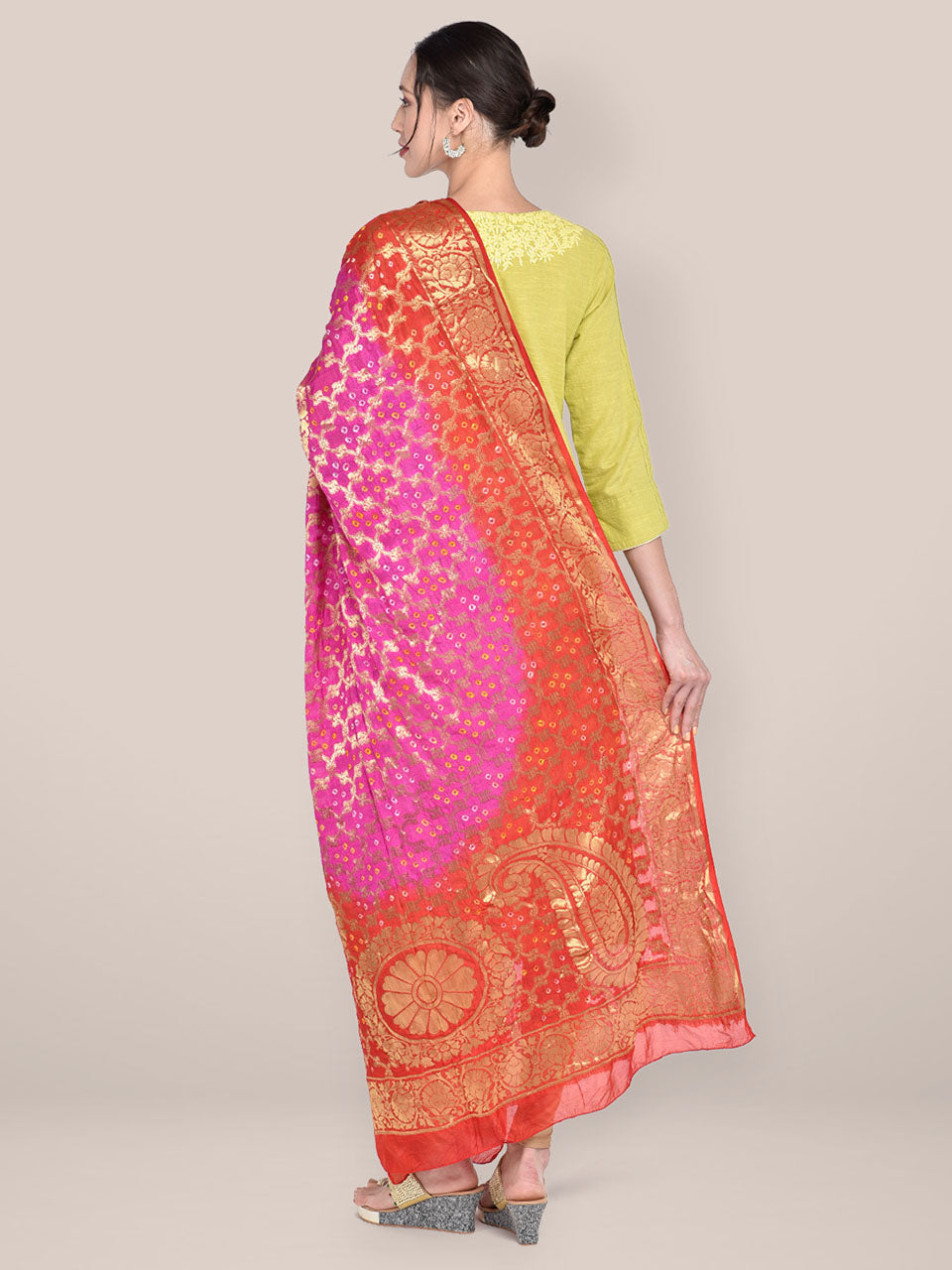 Pink & Red Banarasi Bandhej Gharchola Silk Dupatta freeshipping - Dupatta Bazaar