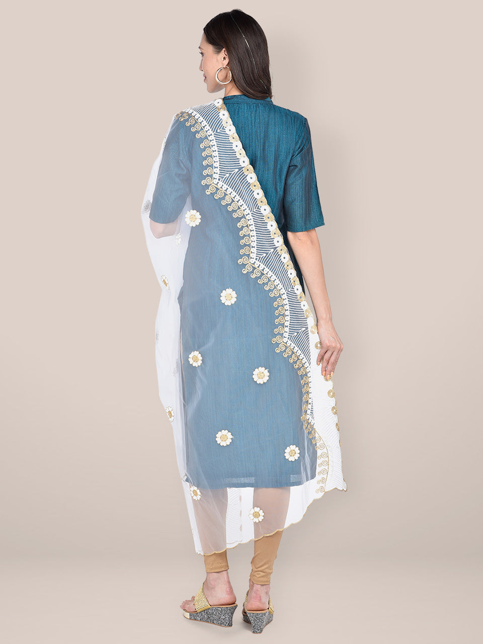 White & Gold Dupatta with Embroidery freeshipping - Dupatta Bazaar