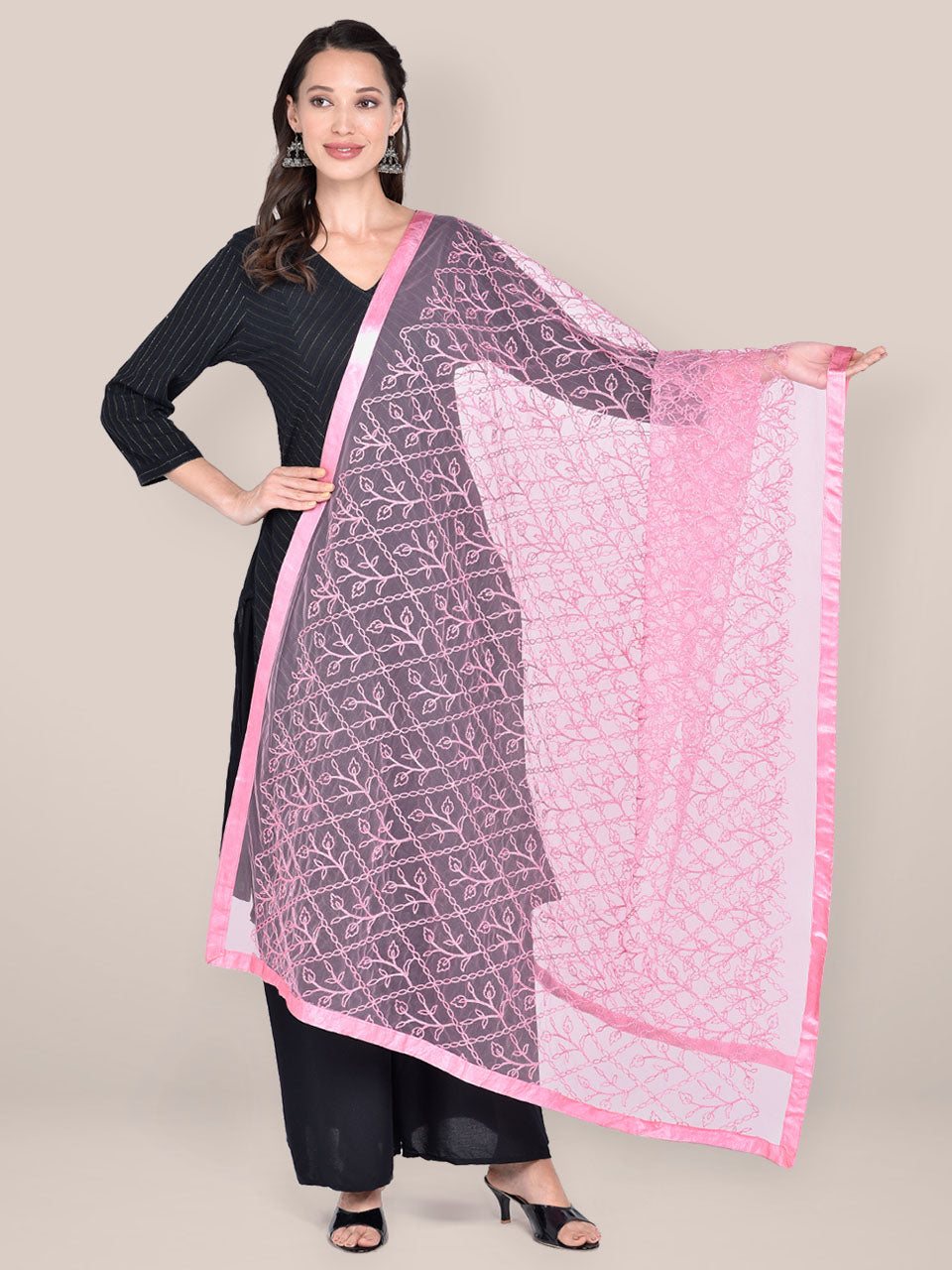 Light Pink Embellished Net Dupatta freeshipping - Dupatta Bazaar
