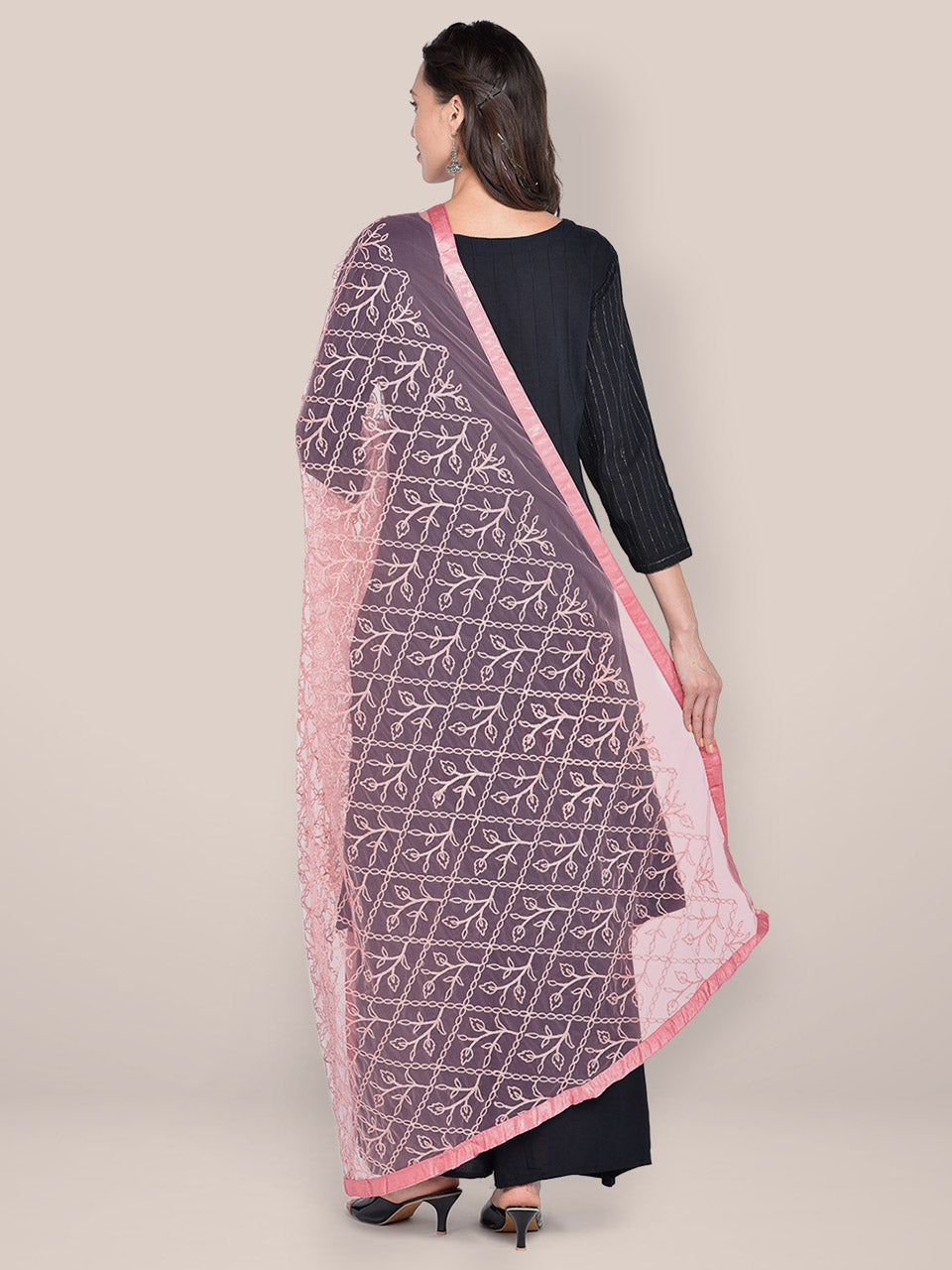Women's Rose Pink Embellished Net Dupatta freeshipping - Dupatta Bazaar