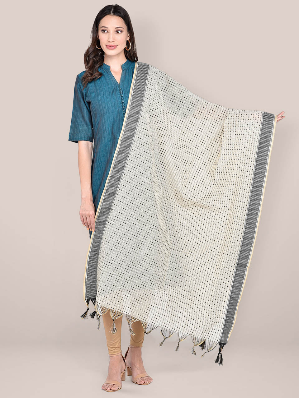 Woven Beige & Black Cotton Chanderi Dupatta freeshipping - Dupatta Bazaar