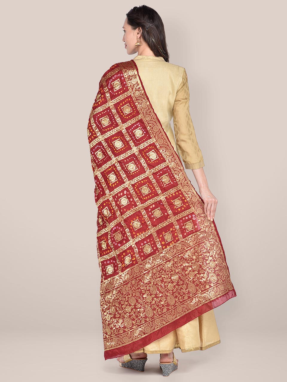 Maroon Banarasi Bandhej Gharchola Silk Dupatta freeshipping - Dupatta Bazaar