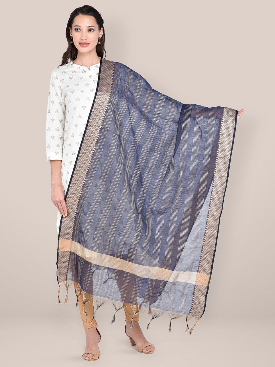 Woven Navy Blue & Beige Striped Cotton Chanderi Dupatta freeshipping - Dupatta Bazaar