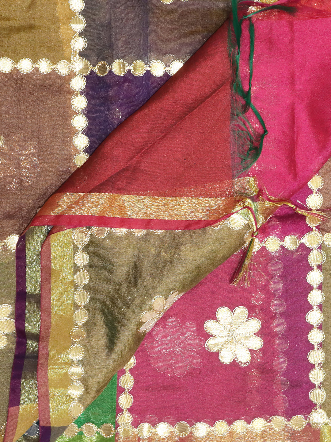 Multicoloured Checkered Silk Blend Dupatta with Gotta Patti Work freeshipping - Dupatta Bazaar