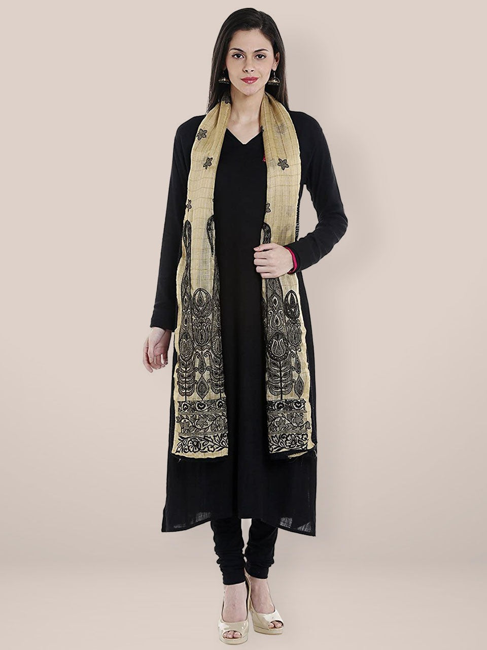 Beige & Black Cotton Silk Embroidered dupatta freeshipping - Dupatta Bazaar