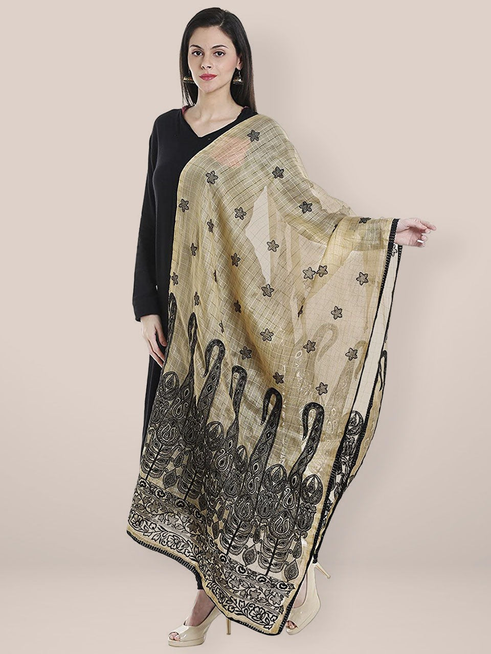 Beige & Black Cotton Silk Embroidered dupatta freeshipping - Dupatta Bazaar
