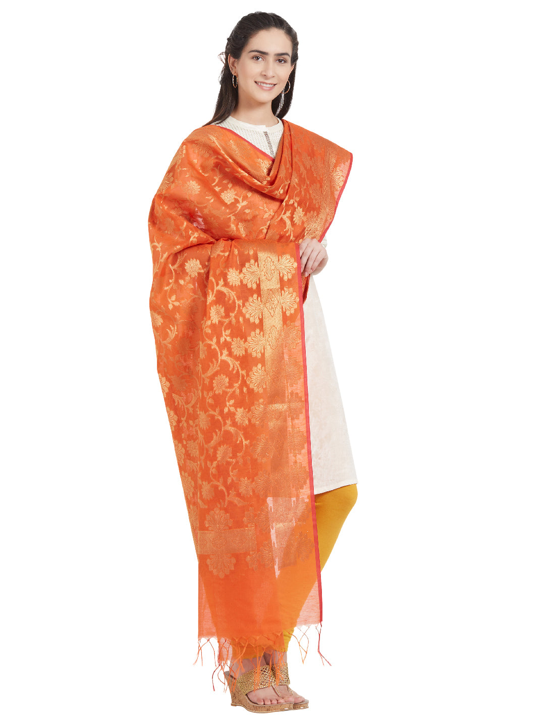 Dupatta Bazaar Woman's Orange & Gold Woven Banarasi Silk Dupatta - Dupatta Bazaar