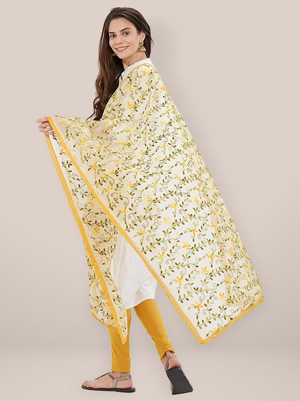 Yellow floral Embroidered Dupatta freeshipping - Dupatta Bazaar