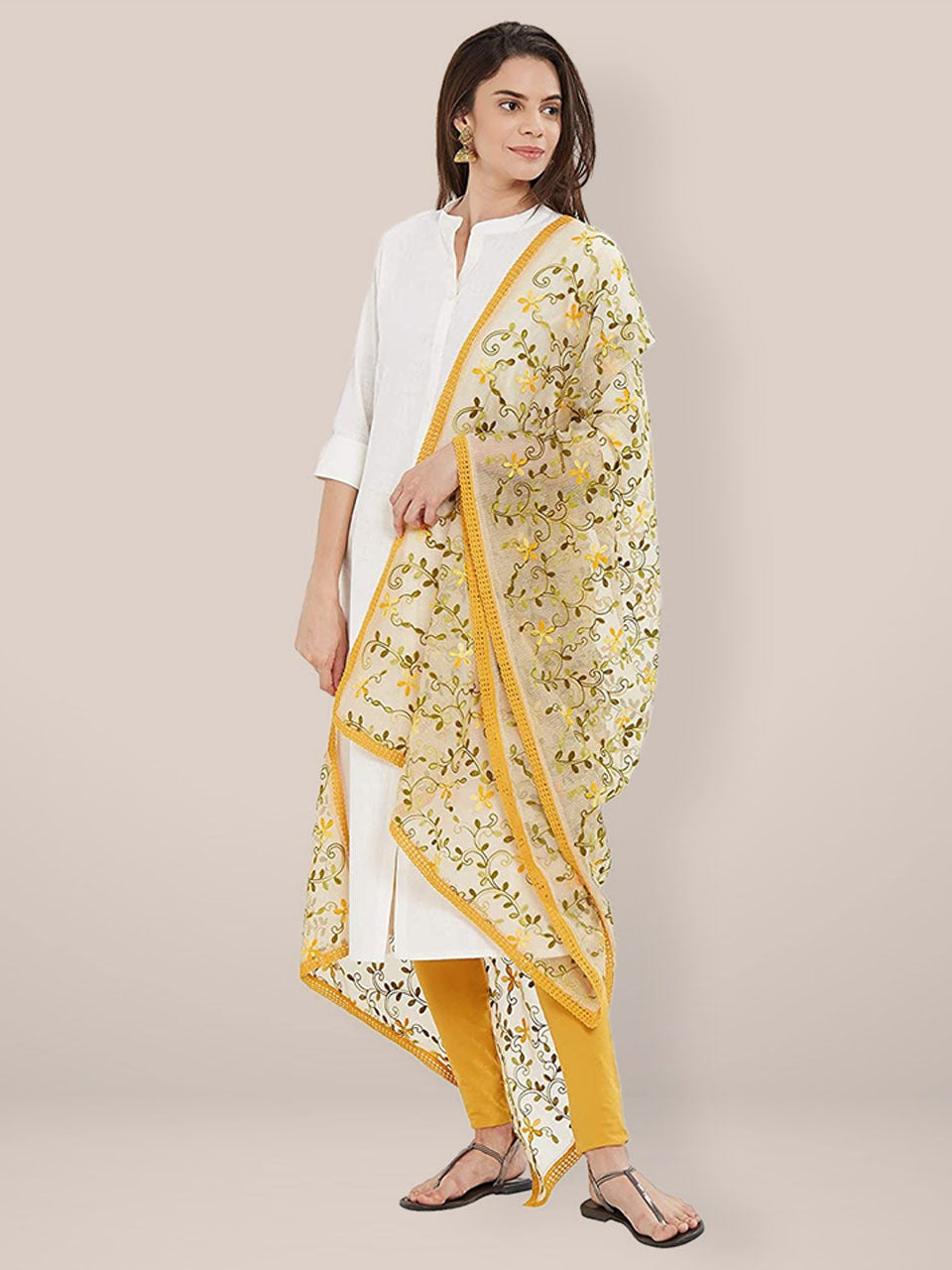 Yellow floral Embroidered Dupatta freeshipping - Dupatta Bazaar