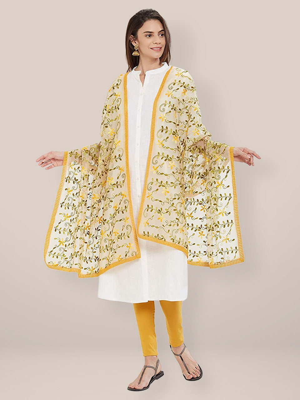 Yellow floral Embroidered Dupatta freeshipping - Dupatta Bazaar