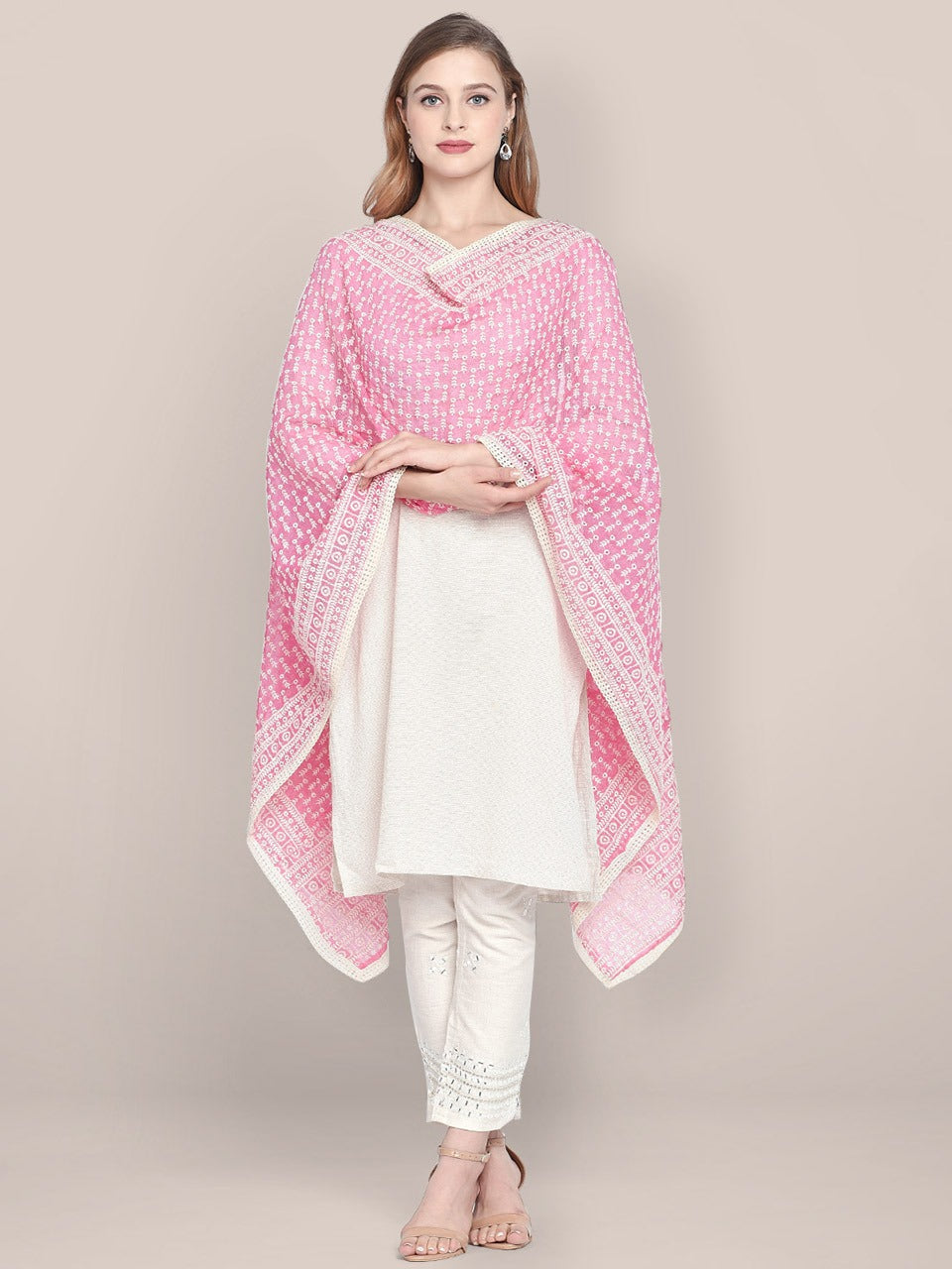 Pink Cotton Dupatta With Embroidery freeshipping - Dupatta Bazaar