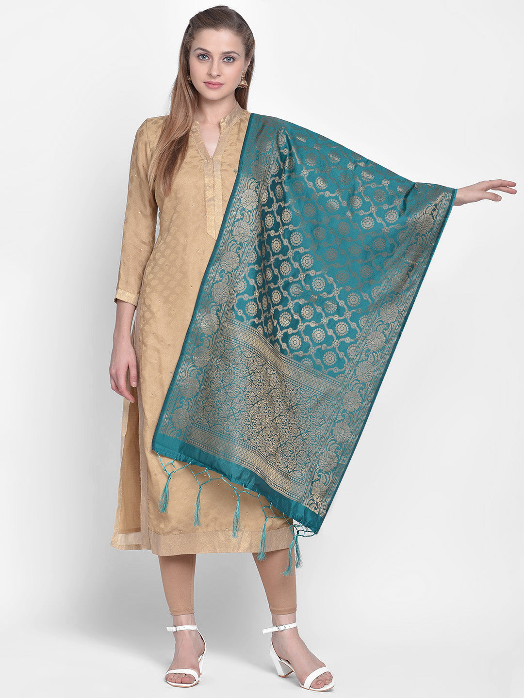 Dupatta Bazaar Woman's Rama Green Banarasi Silk Dupatta with floral design. - Dupatta Bazaar