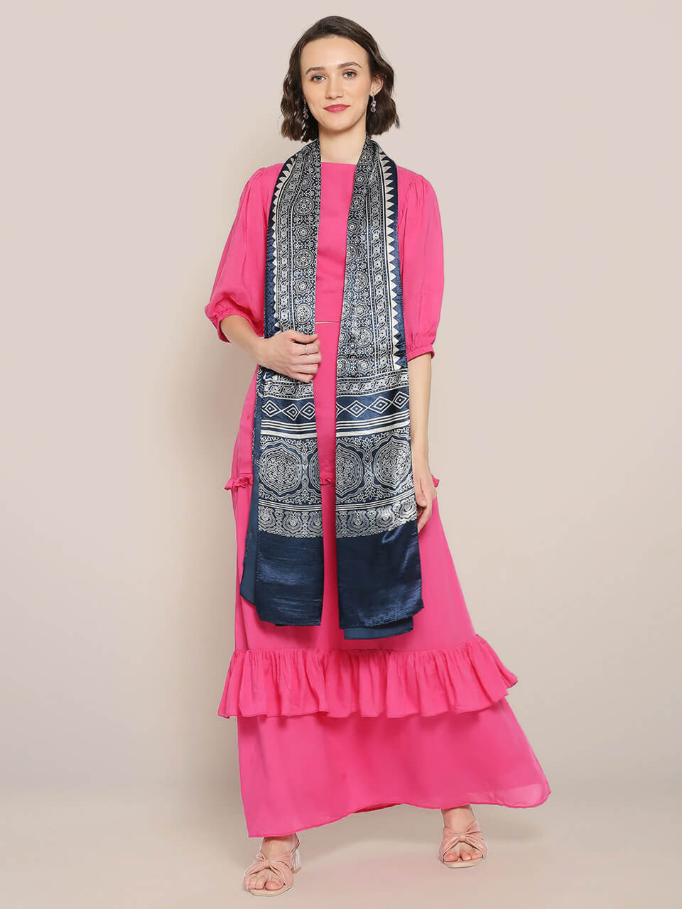 Ajrakh Hand Block Printed Blue Mushru Stole 