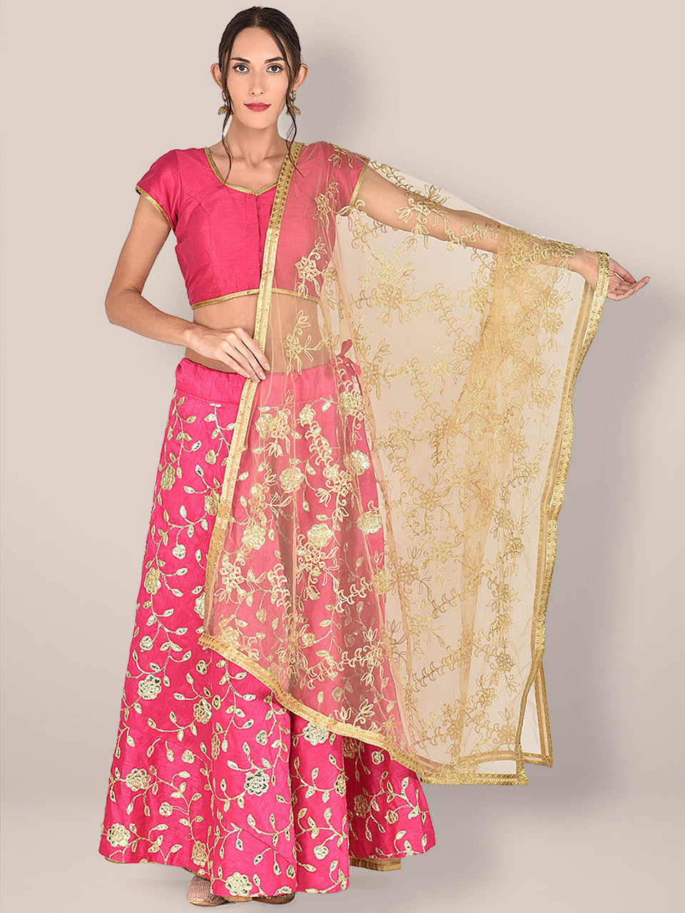 Embroidered Gold Net Dupatta freeshipping - Dupatta Bazaar