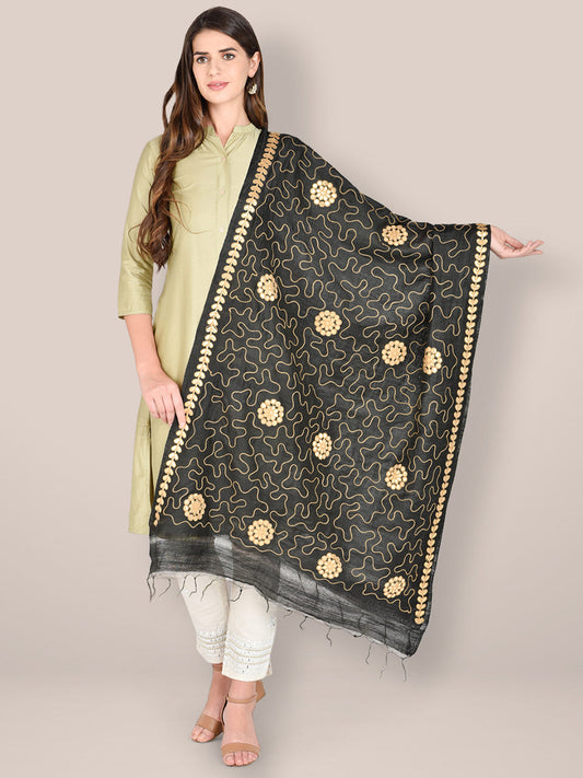 Embroidered Black Blended Silk Dupatta freeshipping - Dupatta Bazaar