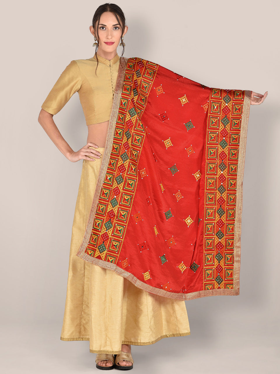 Phulkari Red & Multicoloured Pure Chinon Dupatta freeshipping - Dupatta Bazaar