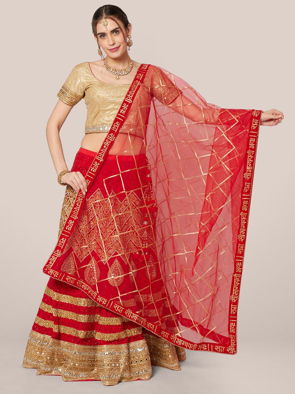 Red Bridal Sada Saubhagyavati Bhav Organza Dupatta freeshipping - Dupatta Bazaar