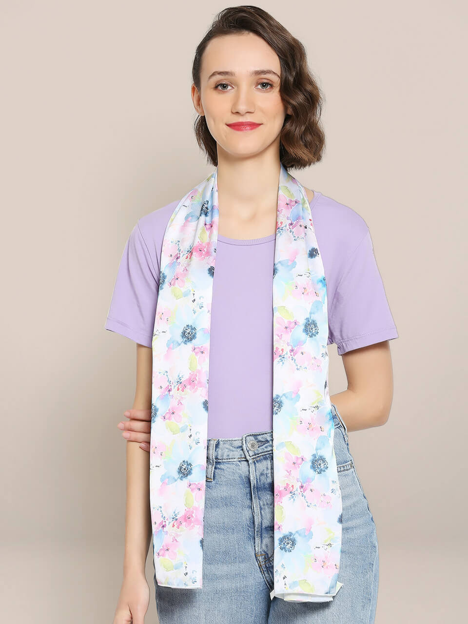 Blue & Multicolor Printed Satin Scarf 