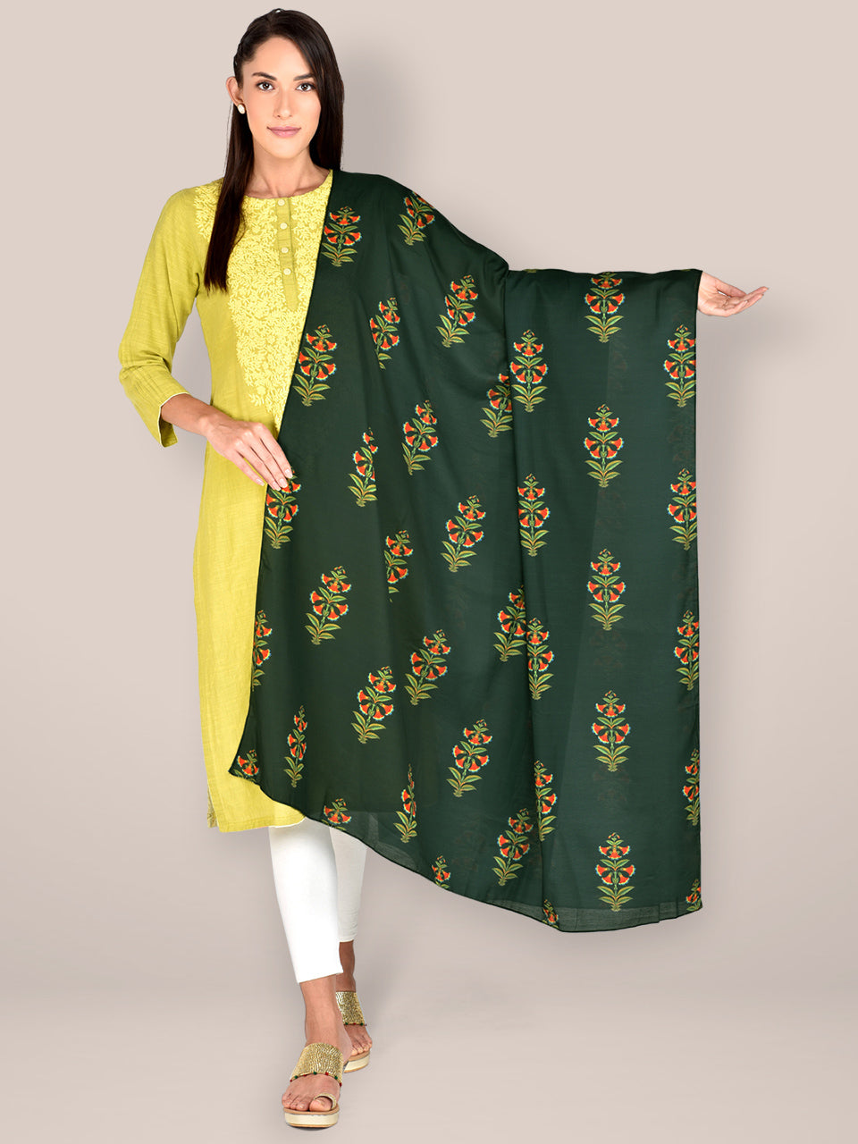 Printed Dark Green & Multicoloured Silk Dupatta freeshipping - Dupatta Bazaar
